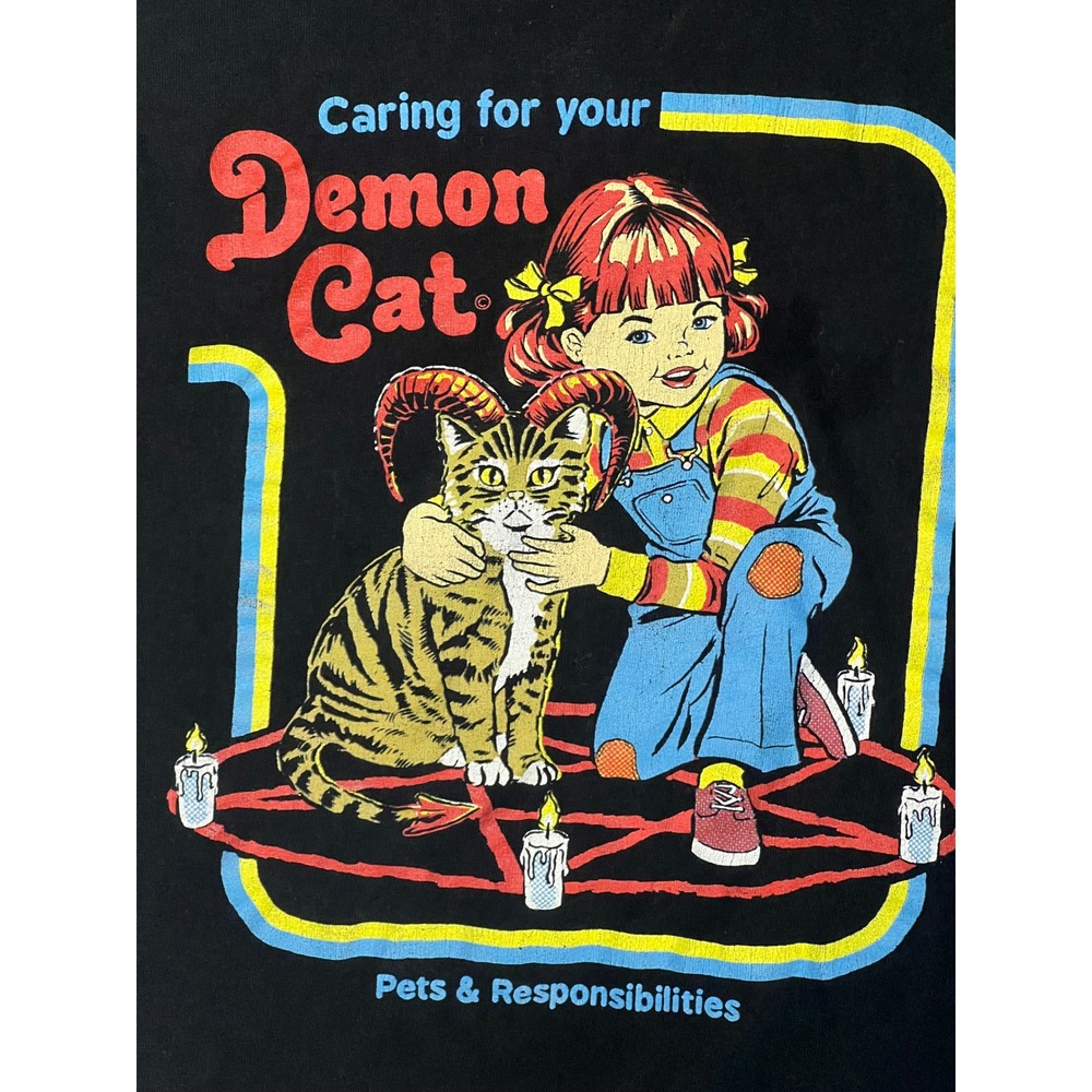 Steven Rhodes Caring for your Demon Cat Graphic Tee Black Mens Size L